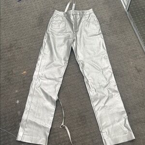 Mistress Rocks Silver Faux Leather Pants Size Small High Rise Straight Leg